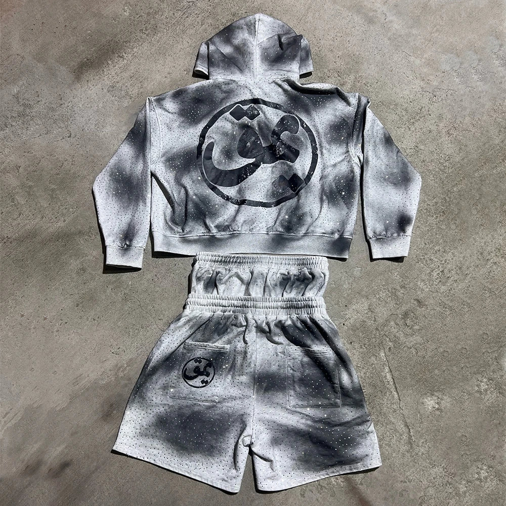 Sun Faded Washed Two Piece Zip Up Hoodie Double Waist Shorts Sets Men Custom Rhinestone Street Short Tracksuit Set