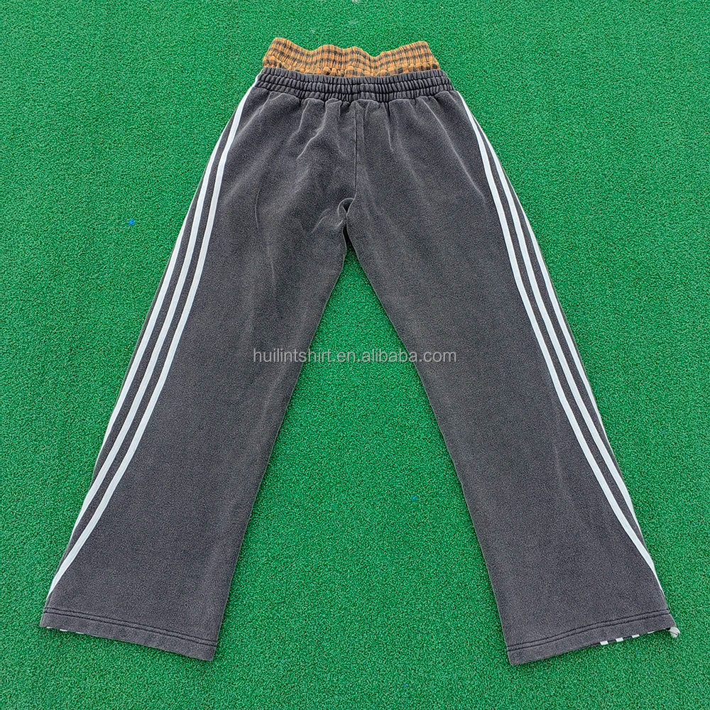 Oem Acid Vintage Washed 100% Cotton Sweatpants Striped Side Men Custom Zipper Bottom Wide Leg Double Waisted Sweatpants