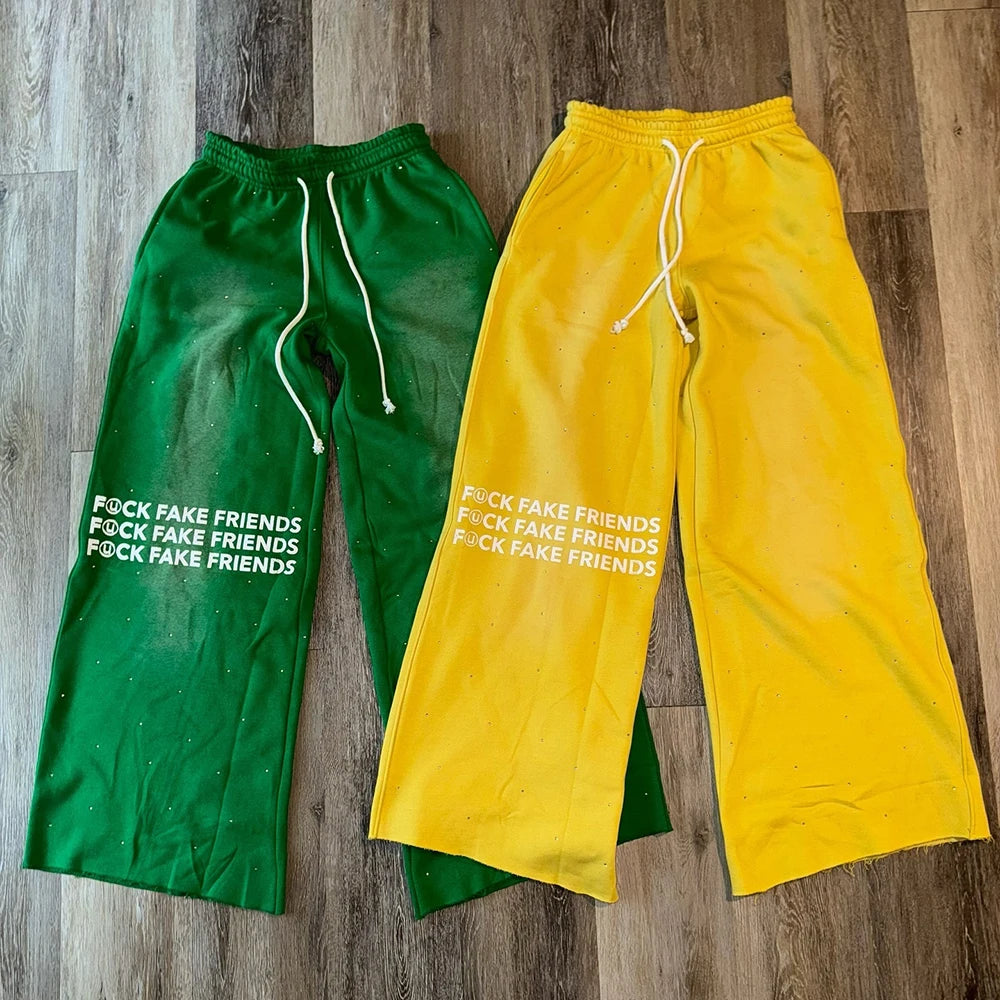 Oem Sunfaded Washed Unisex Oversized Thick Cotton Pants Custom Logo Printed Men Rhinestone Baggy Wide Leg Sweatpants