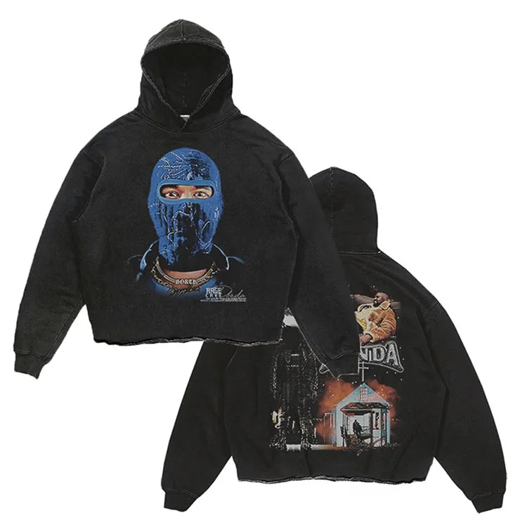 HL Hersteller Großhandel hochwertiger schwarzer Blanko-Kapuzenpullover mit Säurewäsche und Schnittkante OEM-Männermusterdruck Vintage-Kapuzenpullover mit rohem Saum