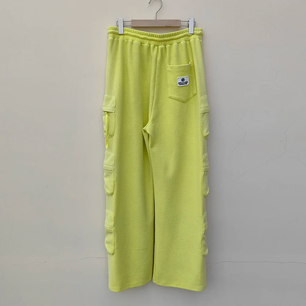 Custom Streetwear Unisex Wide Leg Cotton Trouser Pants Acid Wash Sun Faded Multi Cargo Pocket Men Waffle Sweatpants