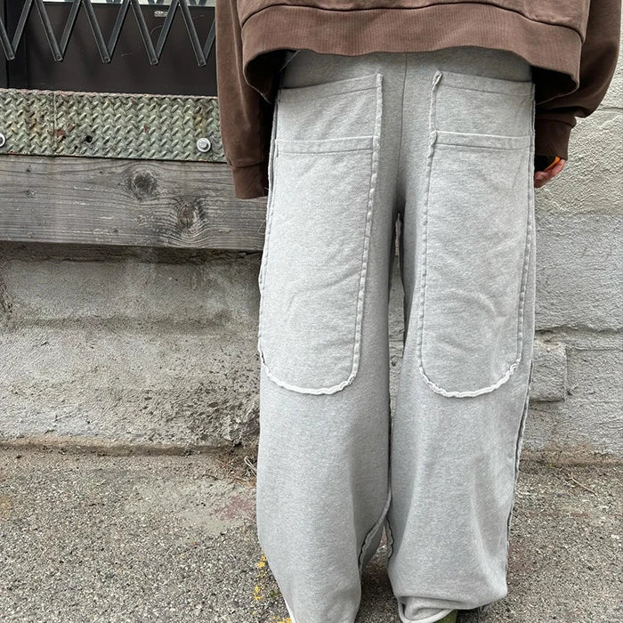 Oversized Unisex Big Pockets Streetwear Wide Leg Sweatpants Custom Raw Trims Cut Edge Men Elastic Waist Baggy Sweatpants