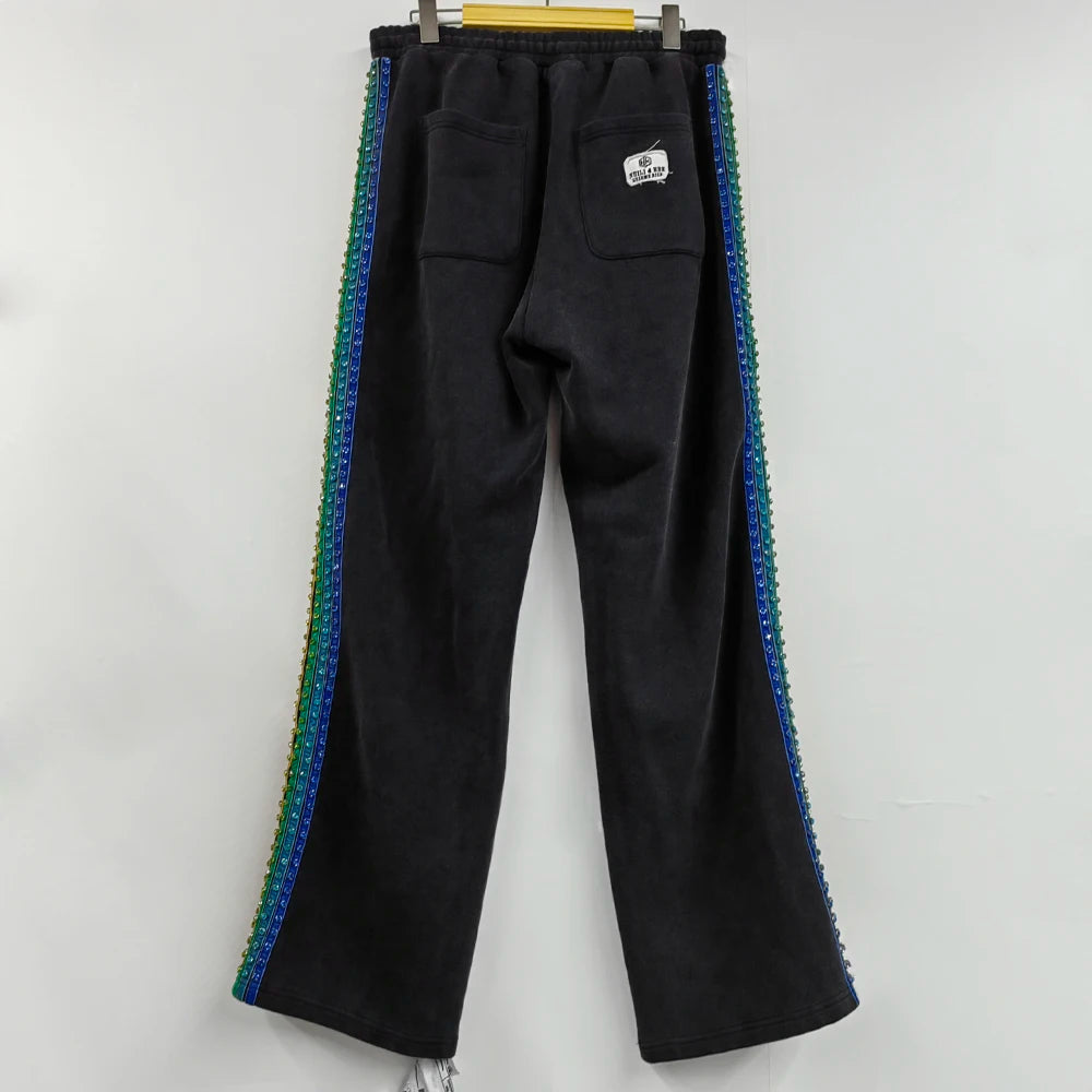 Oem Vintage Washed Thick Cotton Track Jogger Pants Men Custom Logo Embroidery Patched Wide Leg Side Rhinestone Sweatpants