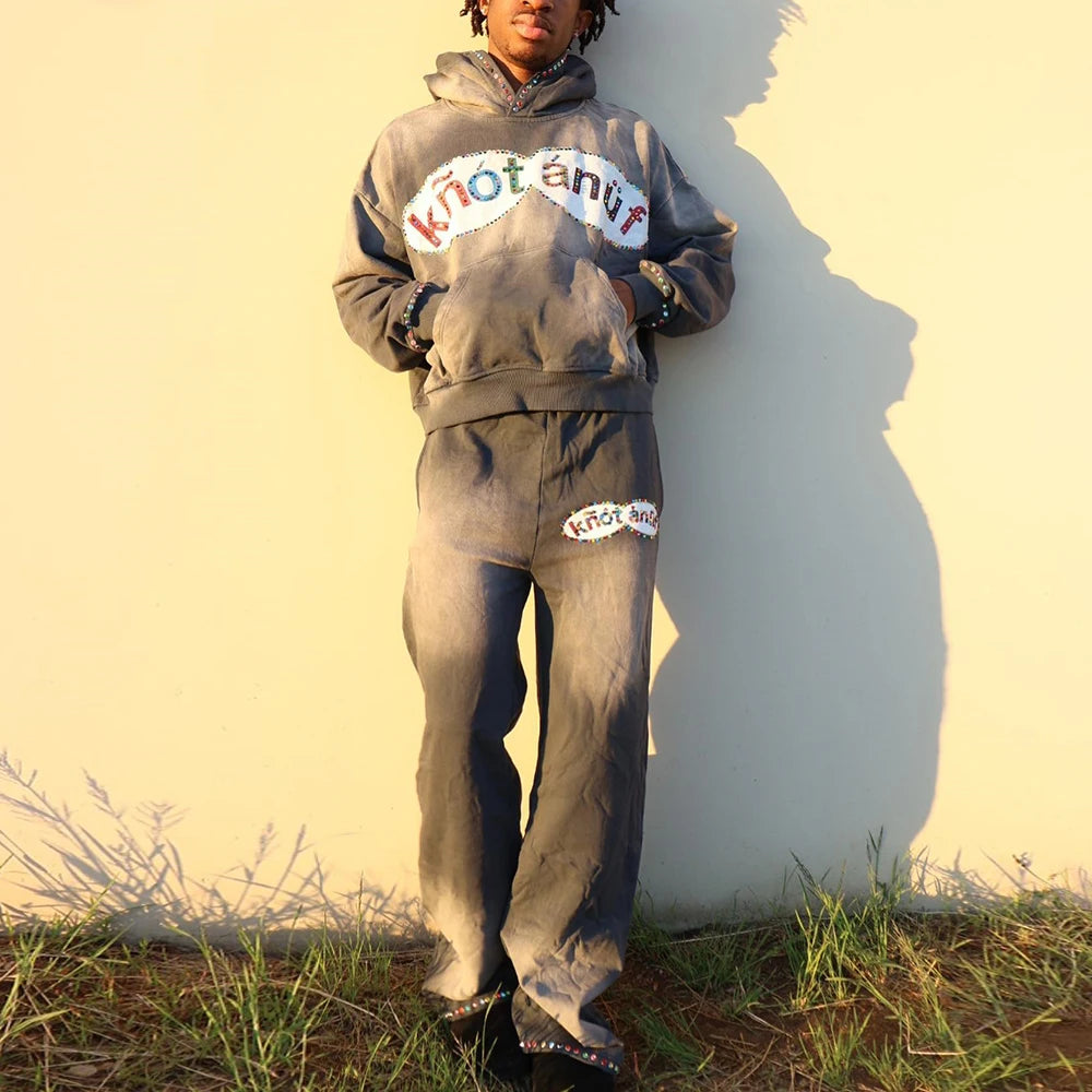 Oem Manufacturer Sunfaded Vintage Washed Two Piece Hoodie Sweatpants Sets Custom Rhinestone Men Tracksuit Sweatsuits Set