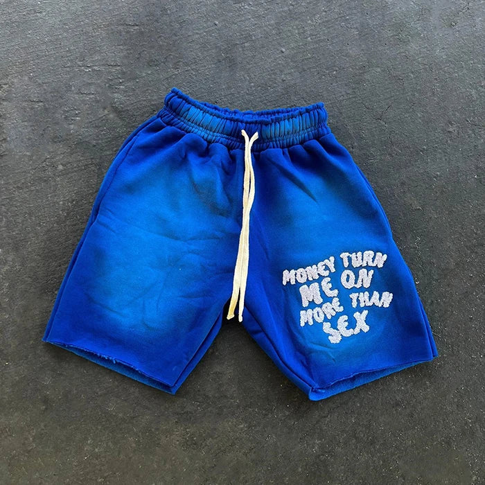oem custom men vintage sun dye fade sweat cotton shorts distressed cut edge puff printing men's summer acid wash shorts