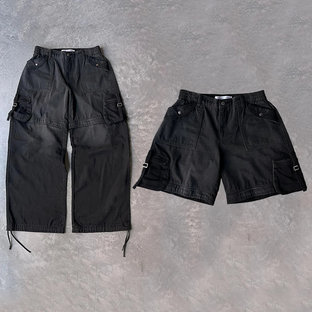 Factory New Arrival Vintage Washed Thick Cotton Black Work Pants Trousers Men Custom Wide Leg Convertible Cargo Pants