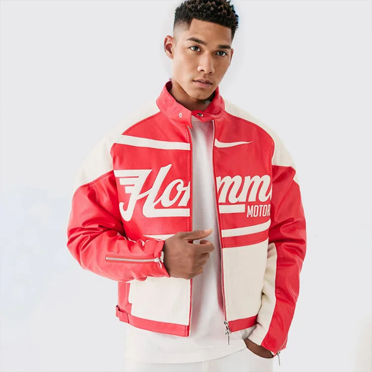 High Quality Custom Boucle PU Patchwork Bomber Racing Jacket Boxy Zipper Race Car Jackets Motorcycle Jacket For Men