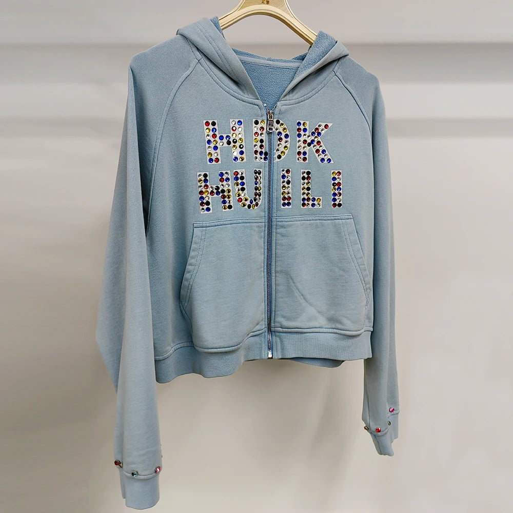 400 Gsm Heavyweight Cotton French Terry Hoodies Custom Logo Print Sunfaded Vintage Wash Men Zip Up Boxy Rhinestone Hoodie