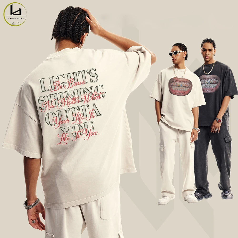 High Street Oversized Fit Unisex Dtg Printed Graphic Tees Custom Vintage Cotton Men 310Gsm Heavyweight T Shirt
