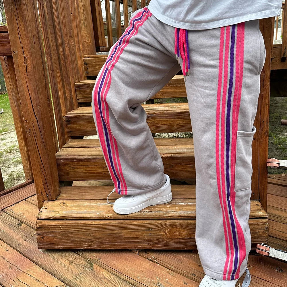 Heavyweight Cotton Straight Leg Pants Trousers Men Custom Striped Trimmed Side Drawstring Waist Sweatpants