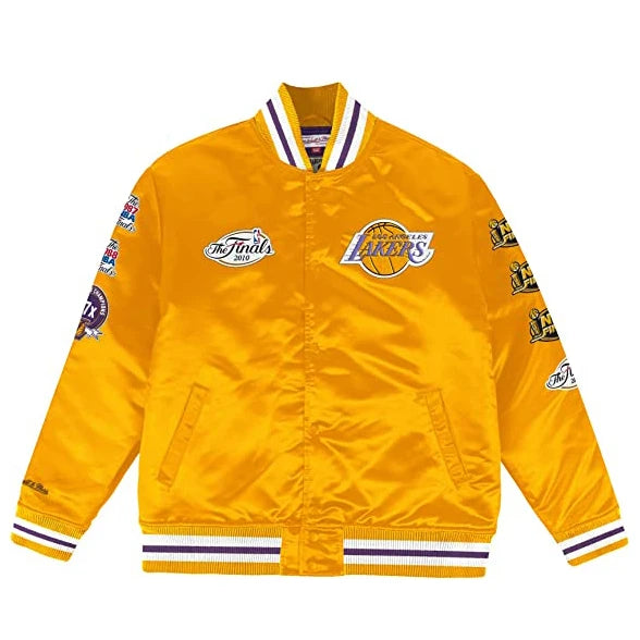 Factory Directly Custom basketball team chenille patched embroidery logo Mens Gold Long Sleeve Satin Jacket
