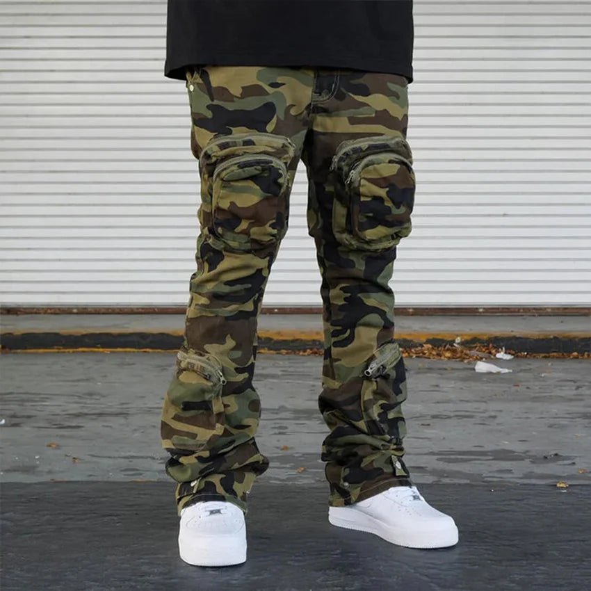 Clothing Manufacturer Jeans Men High Quality Multi- Functional Cargo Jeans Camo Pants Baggy Flare Stack Pockets Jeans
