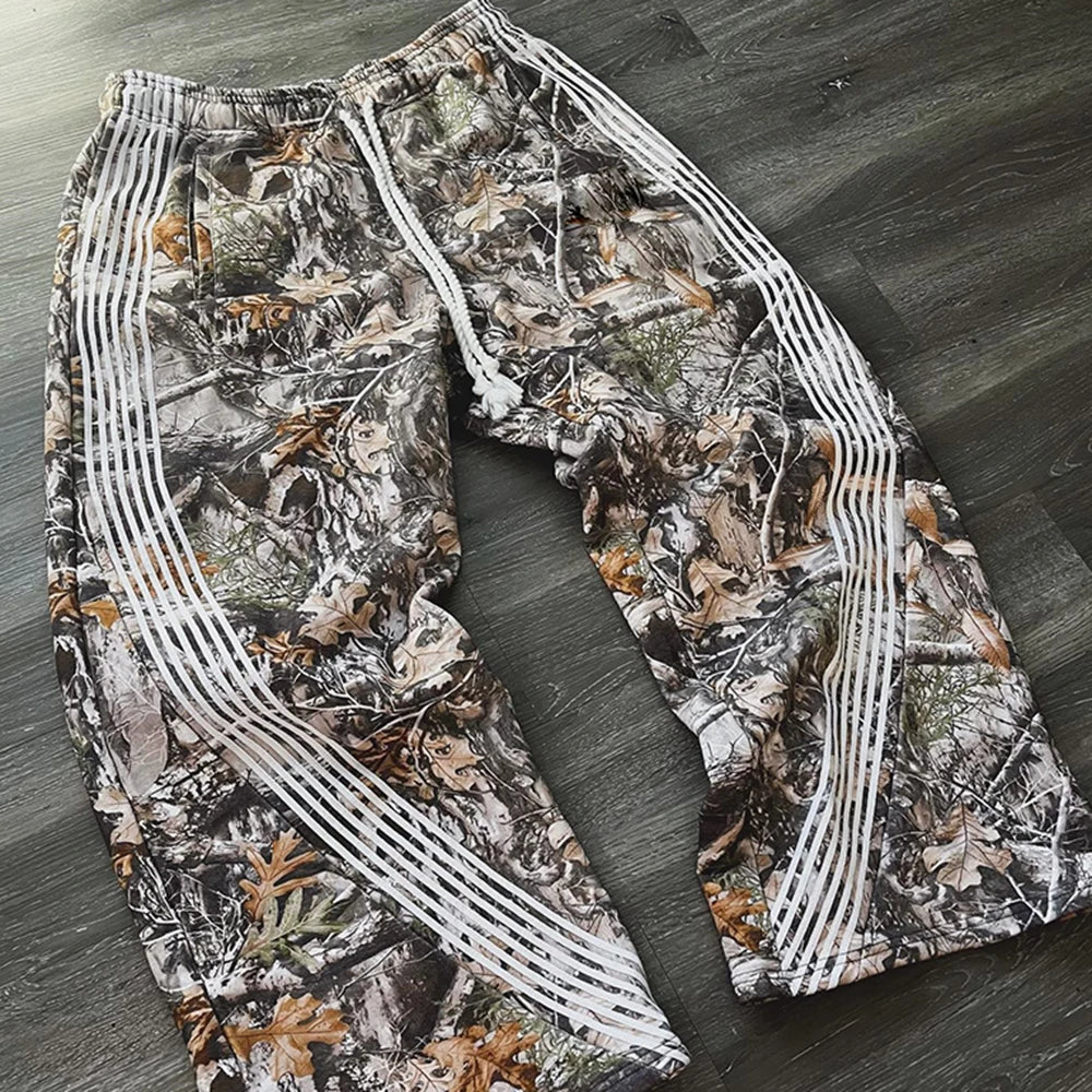 Hot Selling Heavyweight Thick Cotton Wide Leg Track Pants Men Custom Allover Printed Striped Trimmed Camo Sweatpants