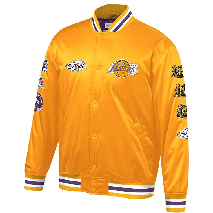 Factory Directly Custom basketball team chenille patched embroidery logo Mens Gold Long Sleeve Satin Jacket