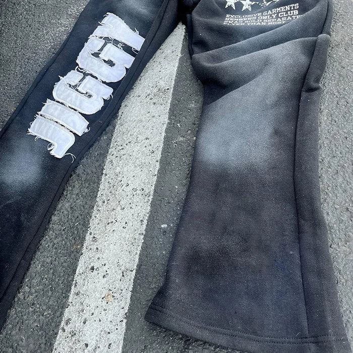 Oem Custom Logo Printing Flared Sweatpants Men Distressed Embroidery Logo Patched Sun Faded Vintage Washed Sweatpants