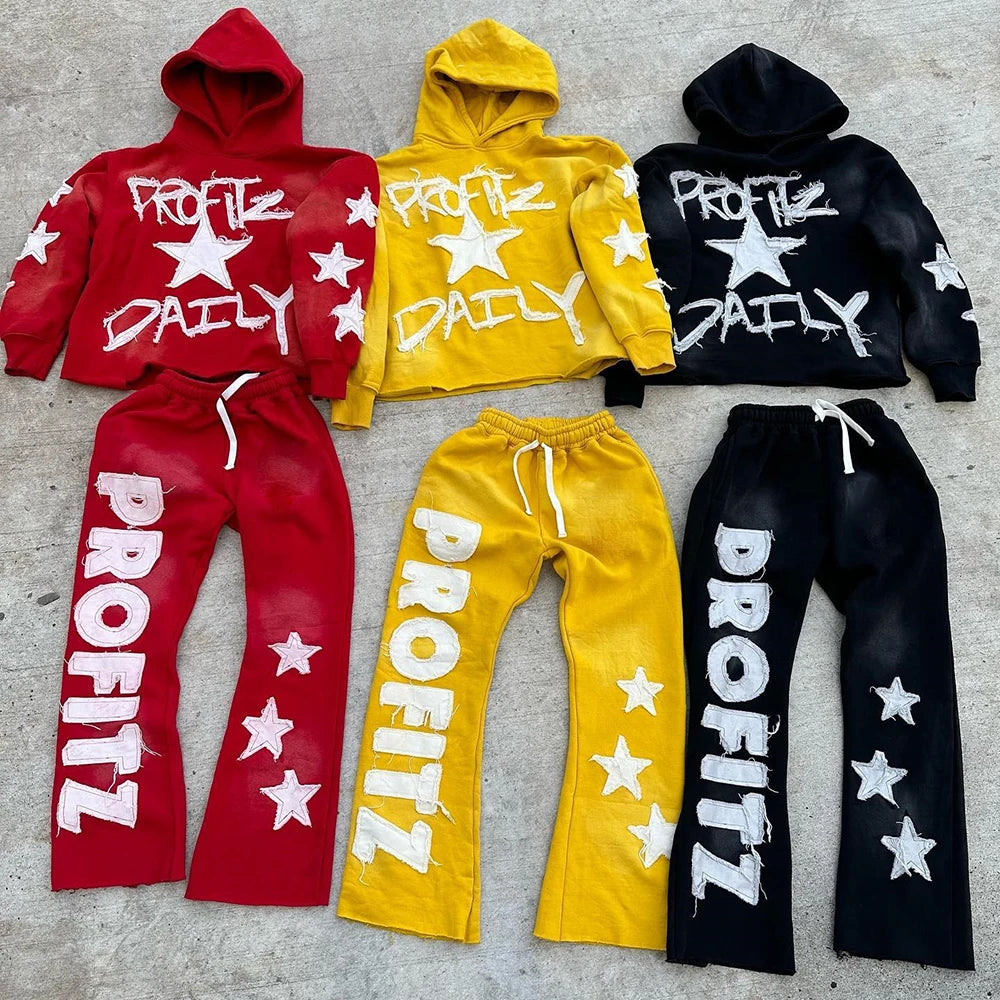 Two Piece Tracksuits Embroidery Logo Patched Sweatsuits Set Custom Vintage Washed Men Hoodies Sweatpants Sets