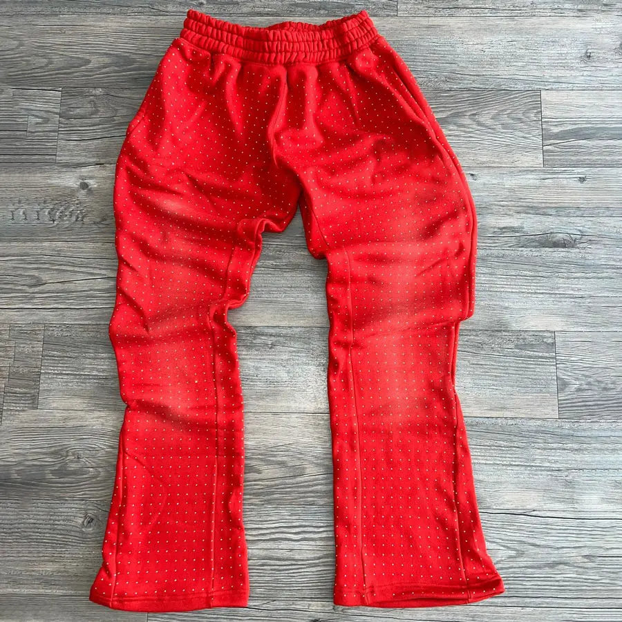 Oem Oversized Straight Wide Leg Sweatpants Men Custom Sun Faded Washed Elastic Waist Rhinestone Baggy Flared Sweat Pants