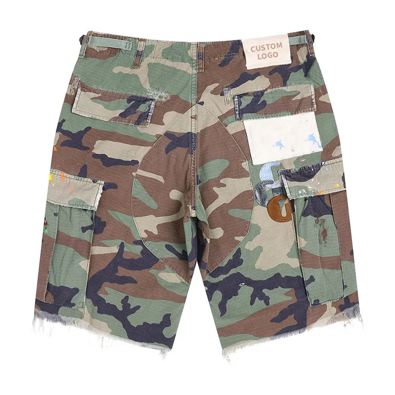 custom luxury sun faded cargo shorts 5 inch inseam manufacturer wholesale men applique vintage wash distressed camo shorts