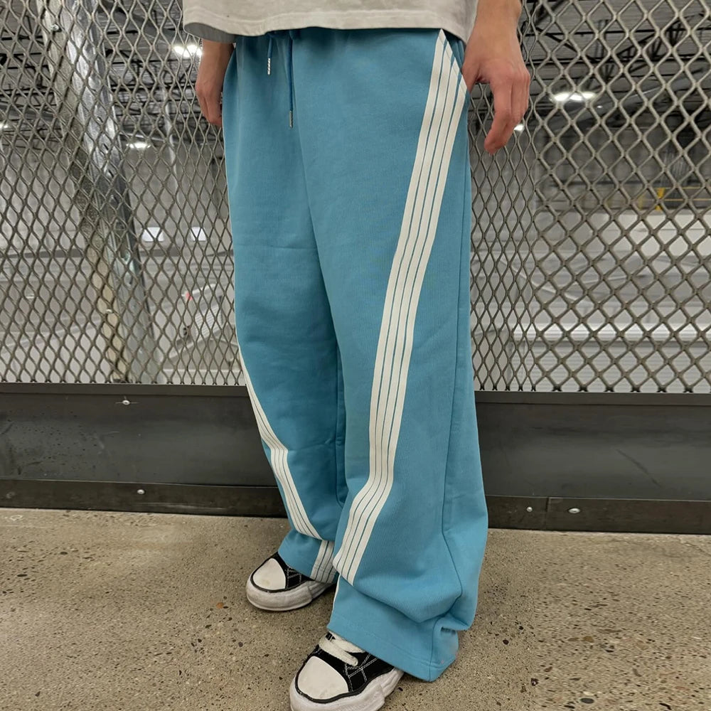 Custom 100% Cotton Heavyweight Streetwear Sweat Pants Men Oversized Wide Leg Baggy Striped Sweatpants