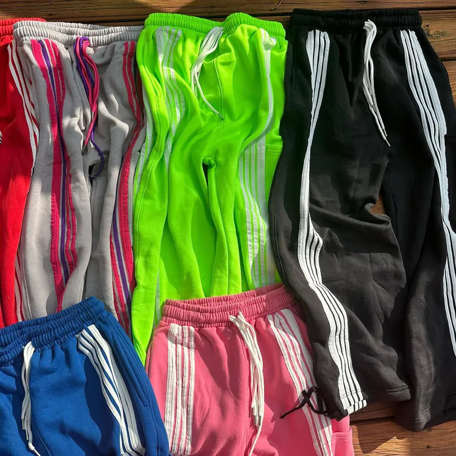 Factory Custom Striped Design Oversized Straight Leg Sweatpants Men Thick Cotton Drawstring Waist Baggy Wide Leg Pants