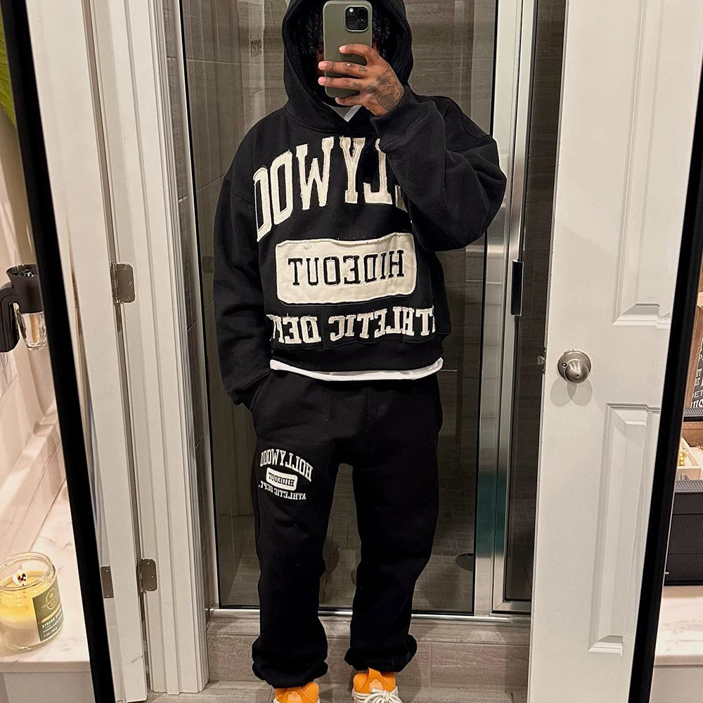 Manufacturer Custom Embroidery Patched Thick Cotton Streetwear Tracksuit Set Men Two Piece Hoodie Sweatpants Sets