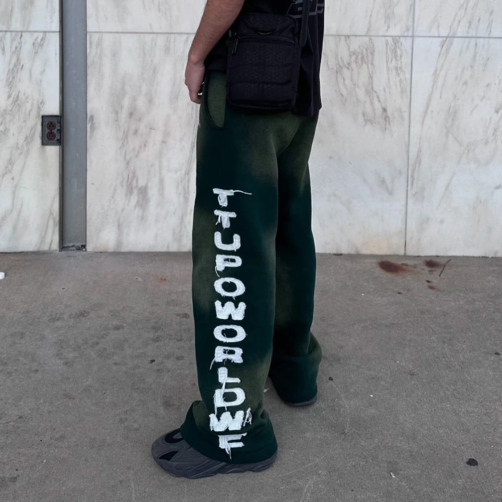 Sunfaded Vintage Washed Thick Cotton Sweatpants Men Custom Embroidery Logo Patched Wide Leg Sweatpants