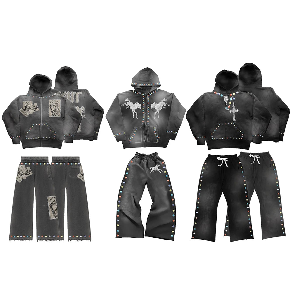 Custom Mens Streetwear Two Piece Sets Hoodie Sweatpants Thick Cotton Vintage Washed Men Rhinestone Tracksuits Sweatsuits