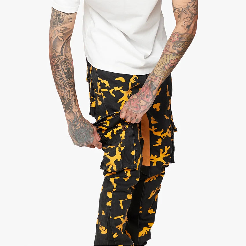 Black multi-pocket stacked jeans have eye-catching yellow print all-over printed skinny Cargo Pants Jeans