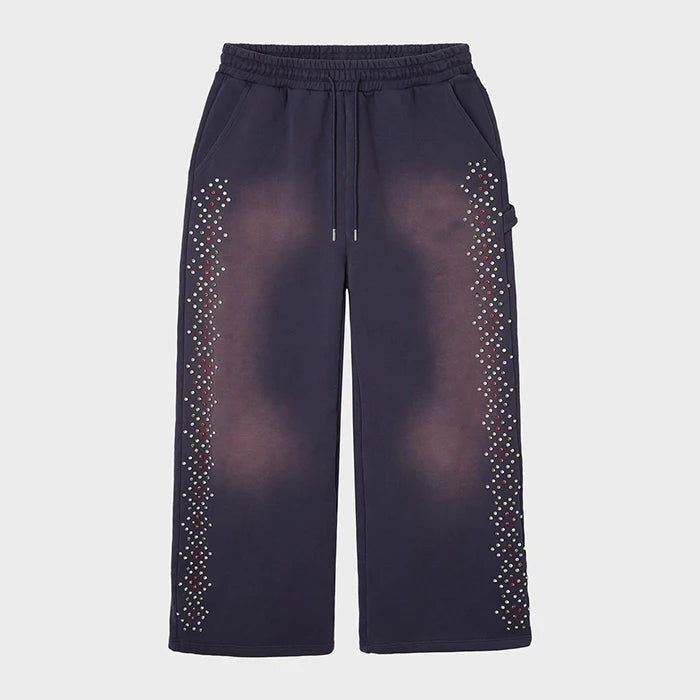 New Custom Vintage Washed Sun Faded Sweatpants Men Oversized Thick Cotton Rhinestone Straight Wige Leg Sweatpants