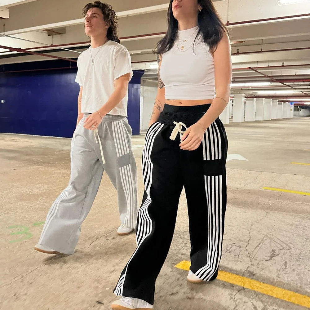Heavyweight Cotton Unisex Oversized Wide Leg Track Pants Men Baggy Striped Sweatpants