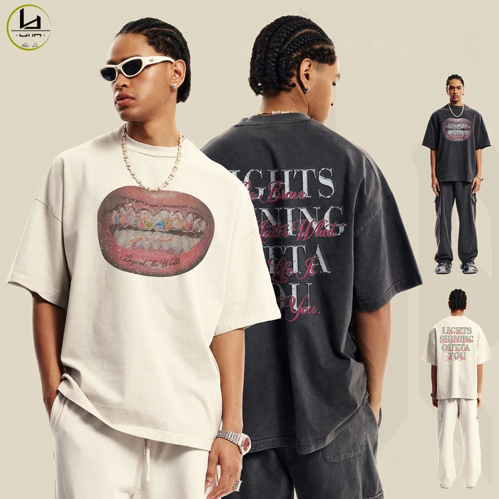 High Street Oversized Fit Unisex Dtg Printed Graphic Tees Custom Vintage Cotton Men 310Gsm Heavyweight T Shirt