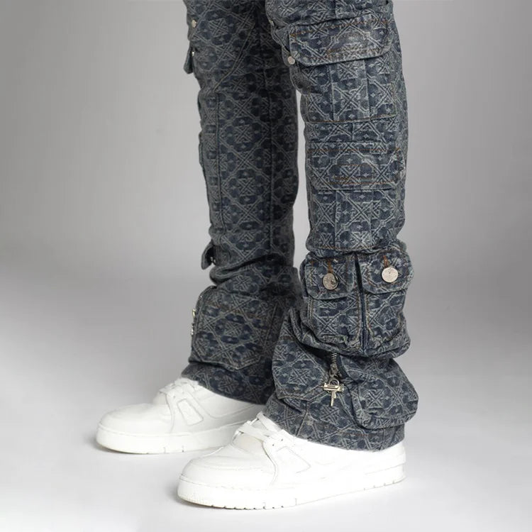 High Quality Men's Pants Straight Leg Slim Fit Stacked Jeans Factory Custom Multi Pockets Laser Printed Denim Cargo Pant Men