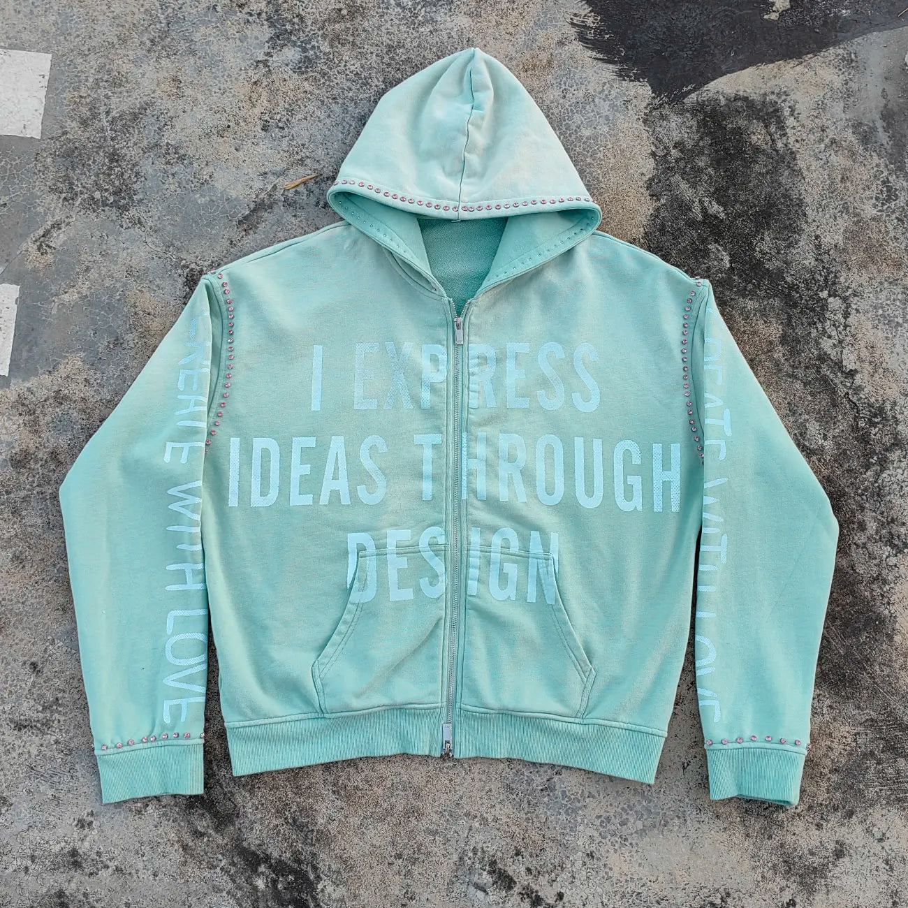 Vintage Washed Heavyweight French Terry Hoodies Oversized Fit Men Zip up Screen Printing Sunfaded Rhinestone Hoodie