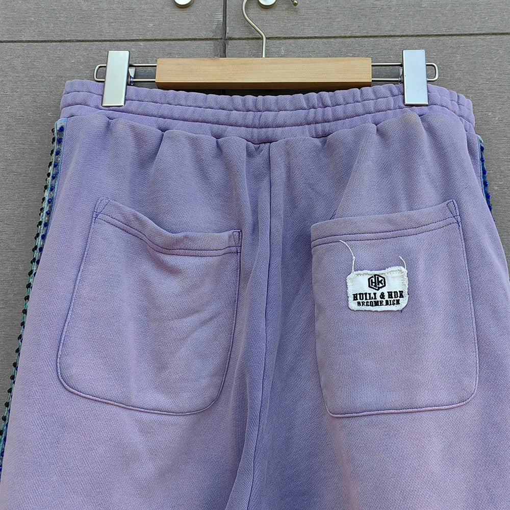 Manufacturer Oem Heavyweight Cotton Side Rhinestone Track Pants Men Custom Vintage Washed Sunfaded Wide Leg Sewatpants