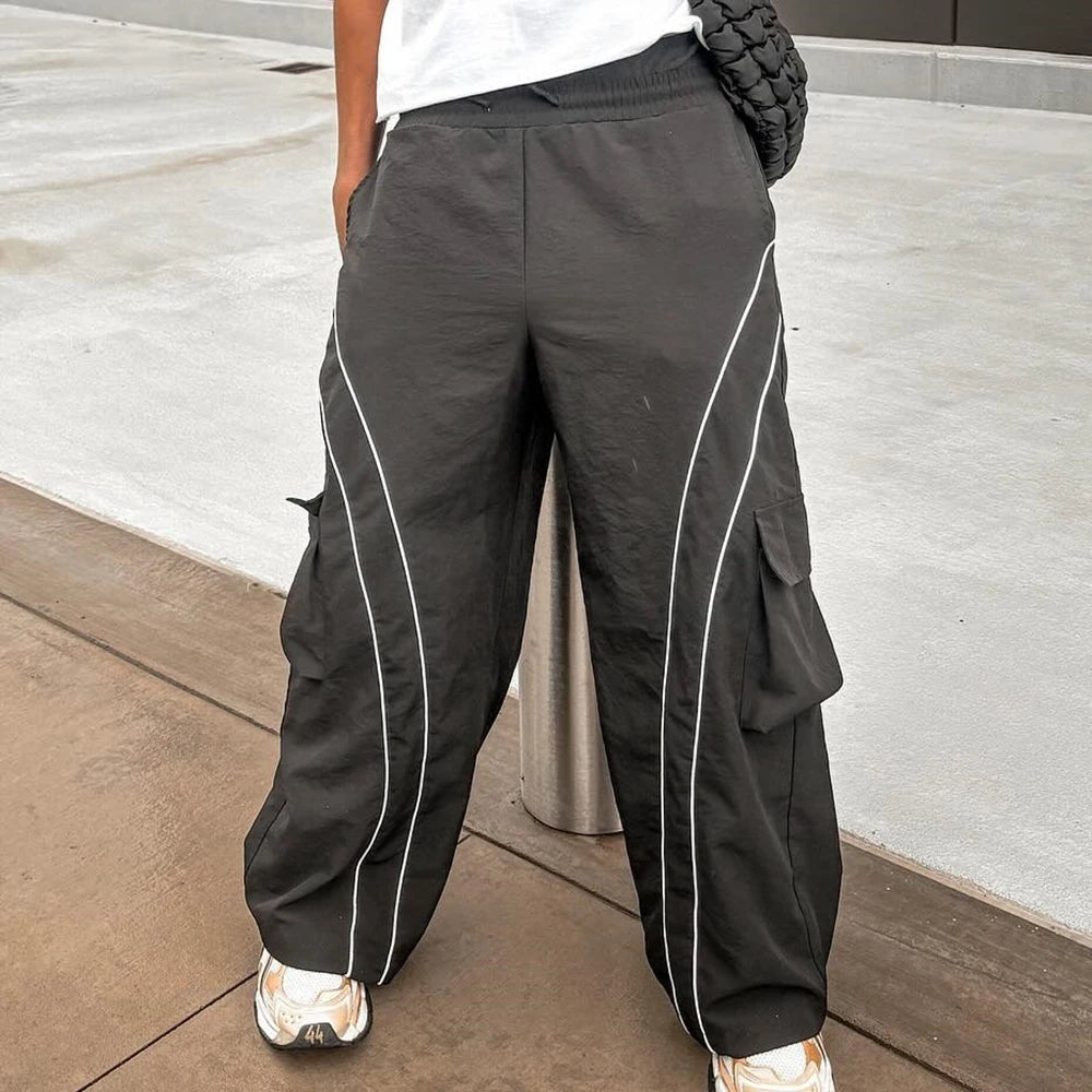 Basic Elastic Waist Nylon Streetwear Pants Men Custom Cargo Pockets Oversized Baggy Wide Leg Track Pants