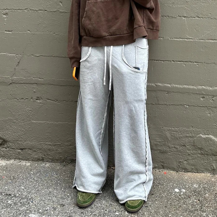 Oversized Unisex Big Pockets Streetwear Wide Leg Sweatpants Custom Raw Trims Cut Edge Men Elastic Waist Baggy Sweatpants