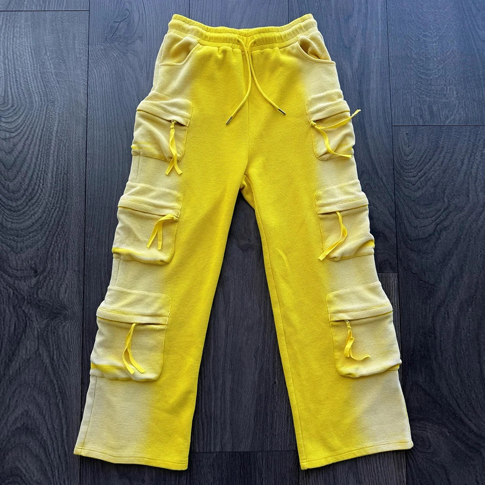 New Design Heavyweight Cotton Waffle Track Pants Men Custom Sunfaded Vintage Washed Straight Leg Cargo Sweatpants