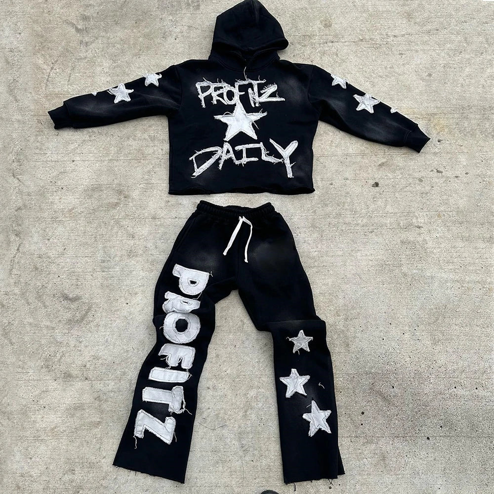 Two Piece Tracksuits Embroidery Logo Patched Sweatsuits Set Custom Vintage Washed Men Hoodies Sweatpants Sets