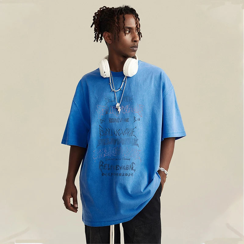 Manufacturer Spring And Summer Wash Printed Loose Short Sleeve T-shirt Streetwear Fashion Men T-shirt