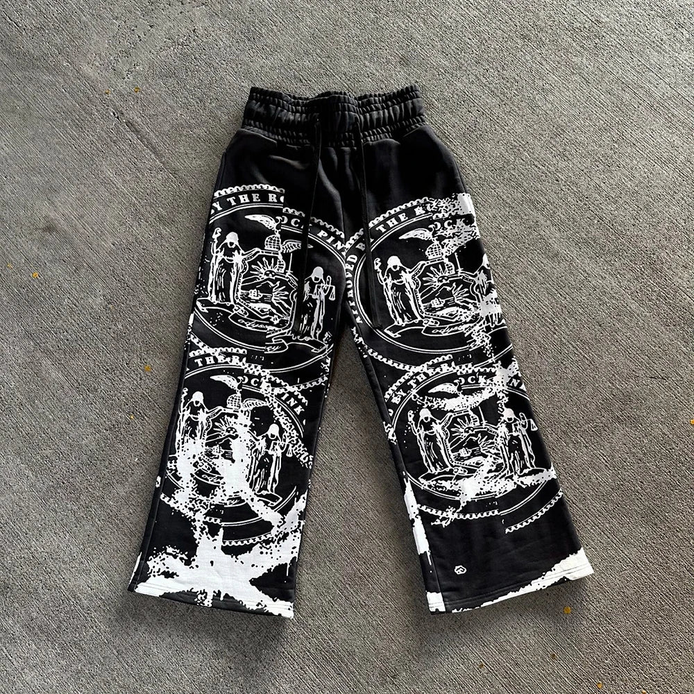Streetwear Graphic Track Sweat Pants Custom Screen Printing Men Wide Leg Heavyweight Cotton Baggy Sweatpants