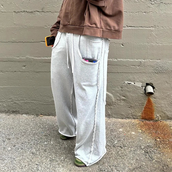 Oversized Unisex Big Pockets Streetwear Wide Leg Sweatpants Custom Raw Trims Cut Edge Men Elastic Waist Baggy Sweatpants