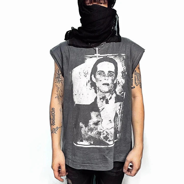 HL Hersteller Designer ärmellose Weste Fabrik Großhandel T-Shirt benutzerdefinierte Graffiti-Druck T-Shirt Männer Vintage Säure waschen T-Shirt