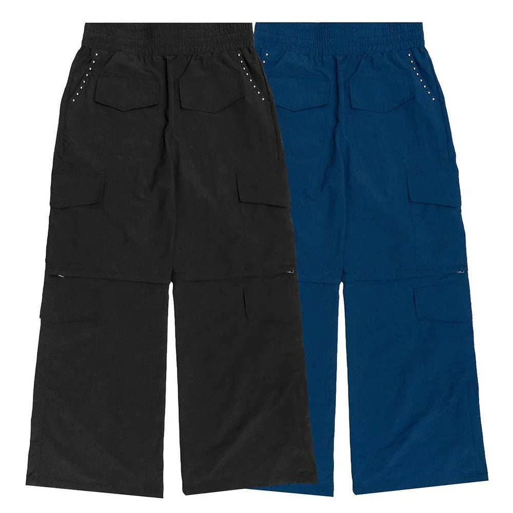 Basic Wide Leg Nylon Sportswear Pants Solid Color Elastic Waist Men Convertible Track Pants