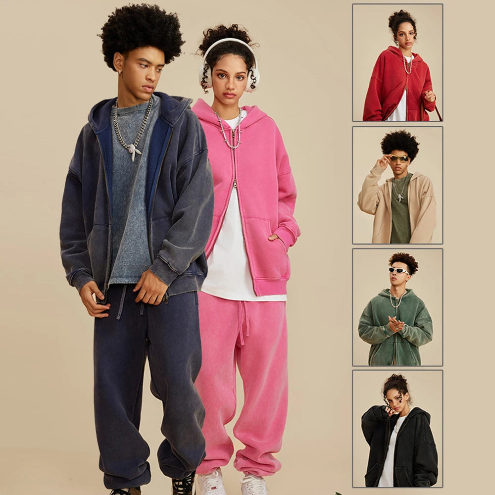 Low Moq High Street Unisex Oversized Heavyweight Cotton Hoodie Jacket Men Custom Vintage Washd Two Way Zip Up Hoodie