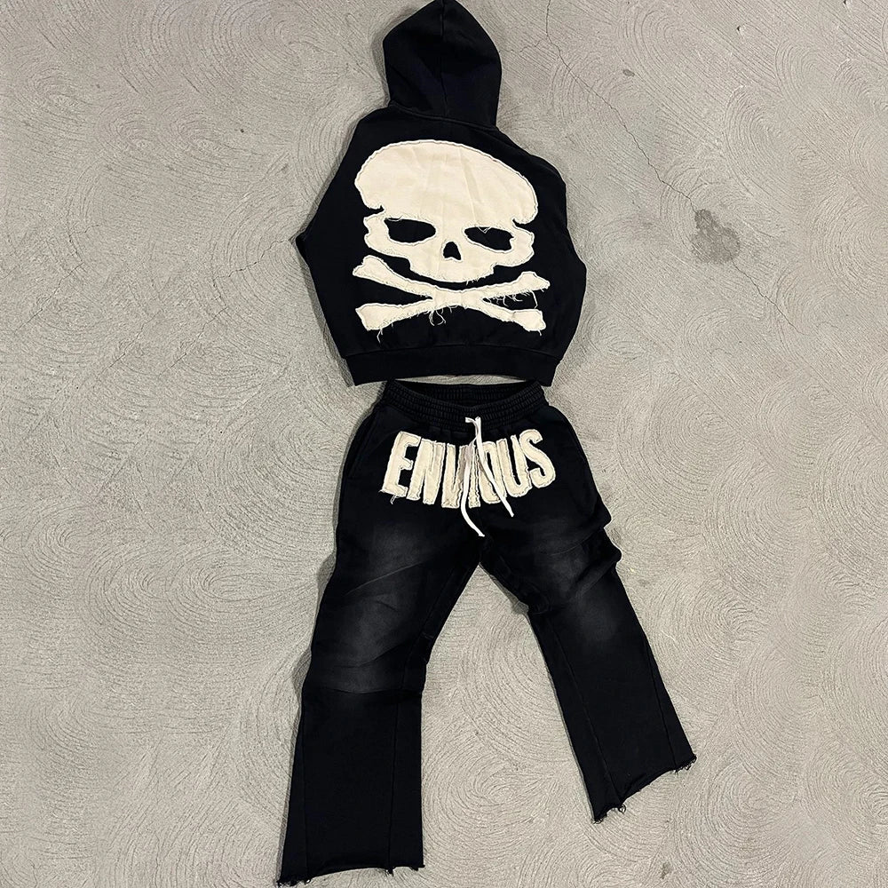 Winter New Arrival Heavyweight Cotton Two Piece Sets Tracksuit Sweatsuit Men Applique Logo Patched Hoodie Sweatpants Sets