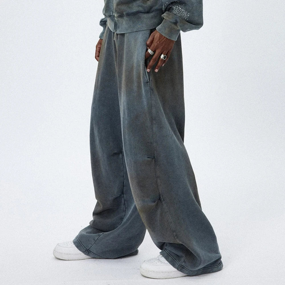 Heavyweight Cotton French Terry Sweatpants Men Custom Acid Vintage Washed Baggy Wide Leg Sweatpants