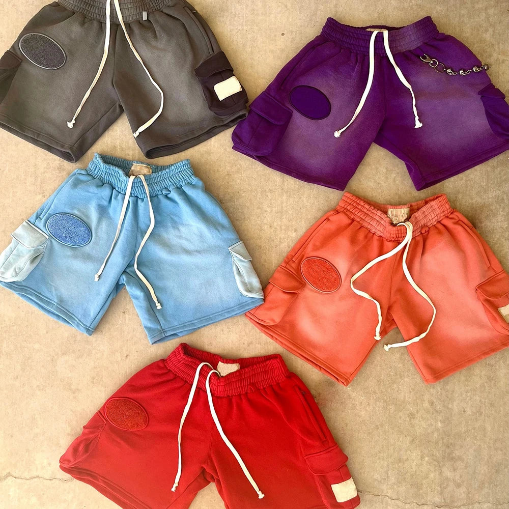Manufacturer Oem Chenille Applique Embroidery Patched Shorts Men Vintage Washed Sun Faded 100% Cotton Sweat Shorts