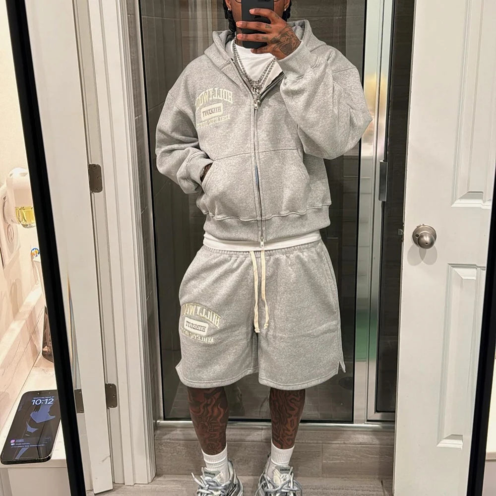 Streetwear Hoodie Shorts Sets Men Custom Embroidery Logo Heavyweight Cotton French Terry Sweat Shorts Tracksuits Sets