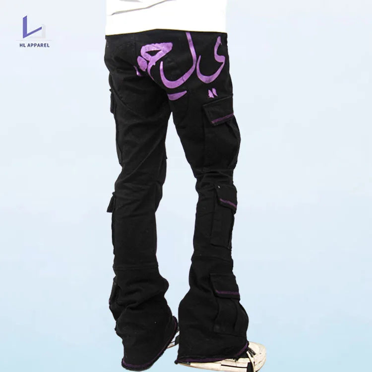 HL Hersteller Großhandel schwarze gestapelte Hosen benutzerdefinierte Druck Multi Taschen Carpenter Nylon Cargohose OEM Herren Flare Cargohose