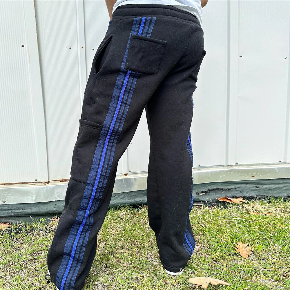 Heavyweight Cotton Straight Leg Pants Trousers Men Custom Striped Trimmed Side Drawstring Waist Sweatpants